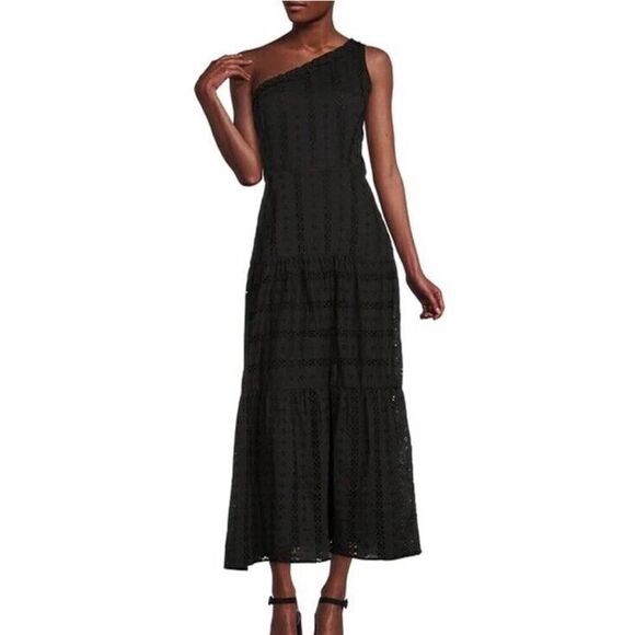 NWT Taylor Eyelet Asymmetrical One Shoulder Black A-Line Tiered Maxi Dress - Picture 1 of 8
